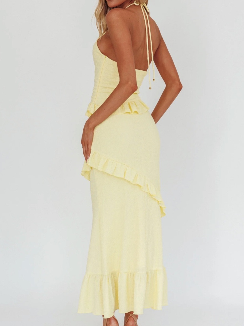 Selfie Leslie Pale Yellow Ruffle Halter Maxi Dress - Picture 2 of 6